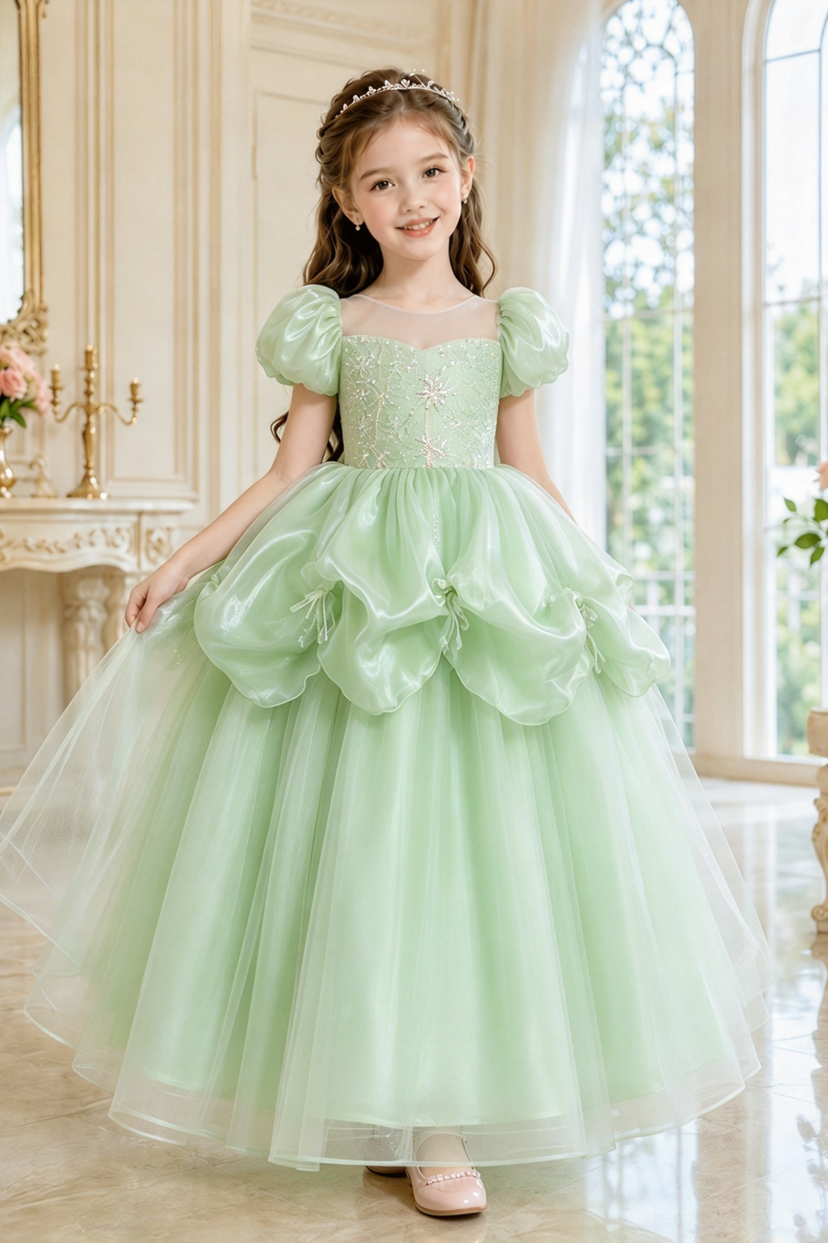 Light Blue Organza Sequin Tulle Puff Sleeve Princess A-Line Dress
