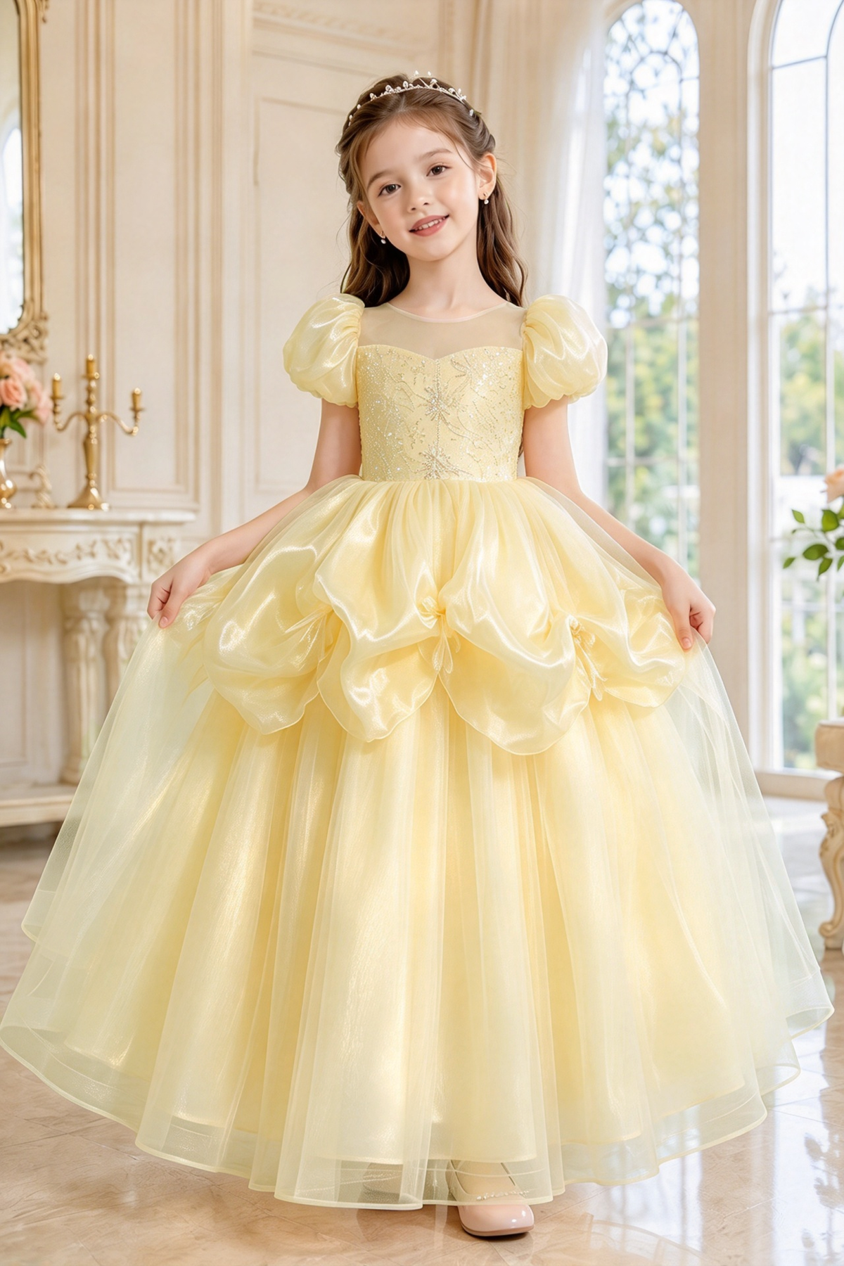 Light Blue Organza Sequin Tulle Puff Sleeve Princess A-Line Dress