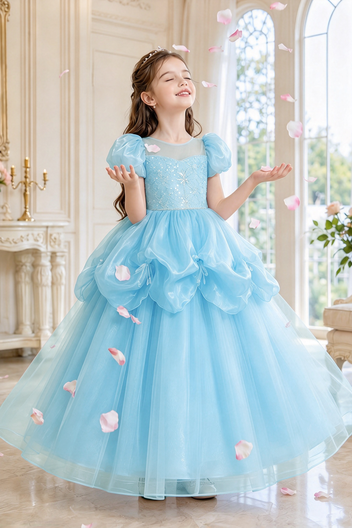 Light Blue Organza Sequin Tulle Puff Sleeve Princess A-Line Dress