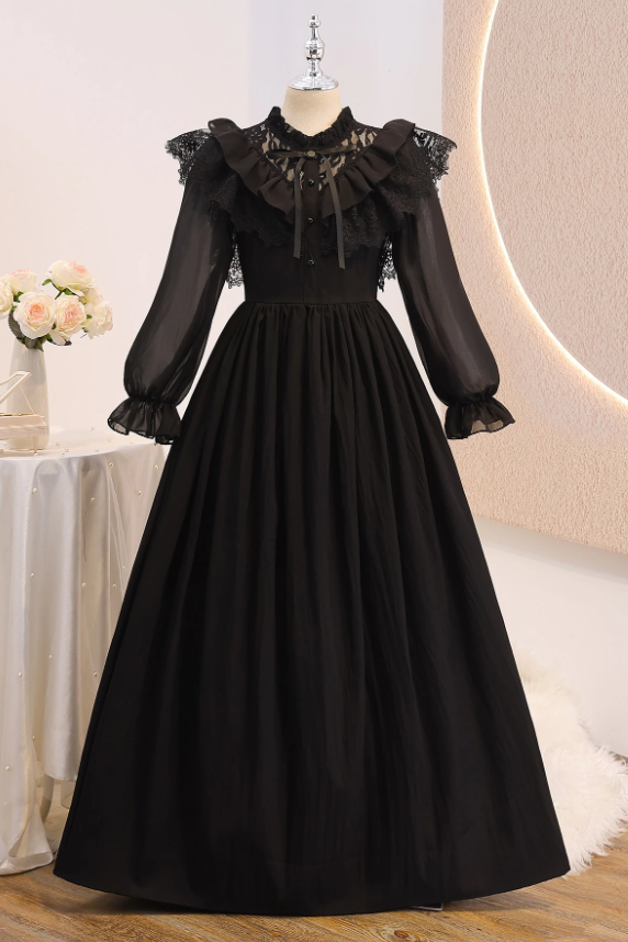 Pink Chiffon Long Sleeve Lace Ruffle Bow Princess A-Line Dress