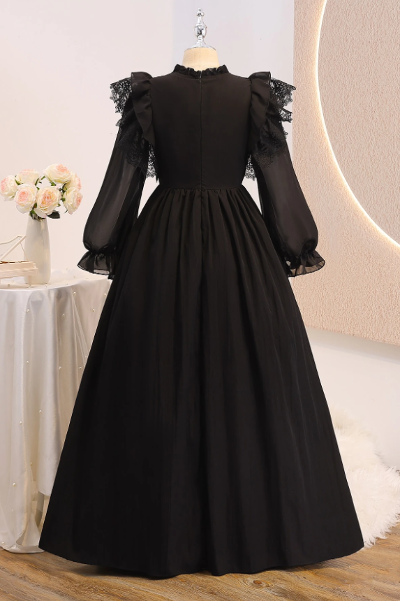 Pink Chiffon Long Sleeve Lace Ruffle Bow Princess A-Line Dress