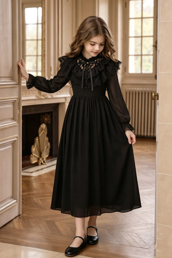 Pink Chiffon Long Sleeve Lace Ruffle Bow Princess A-Line Dress