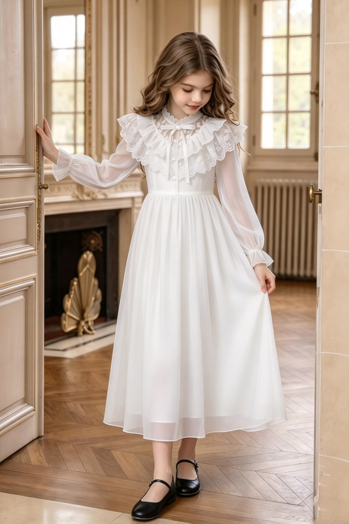 Pink Chiffon Long Sleeve Lace Ruffle Bow Princess A-Line Dress