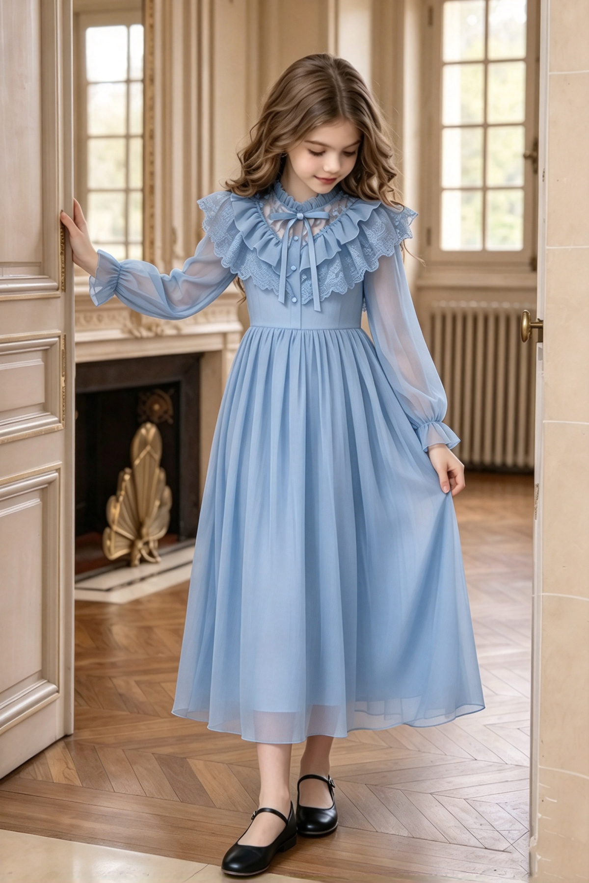 Pink Chiffon Long Sleeve Lace Ruffle Bow Princess A-Line Dress