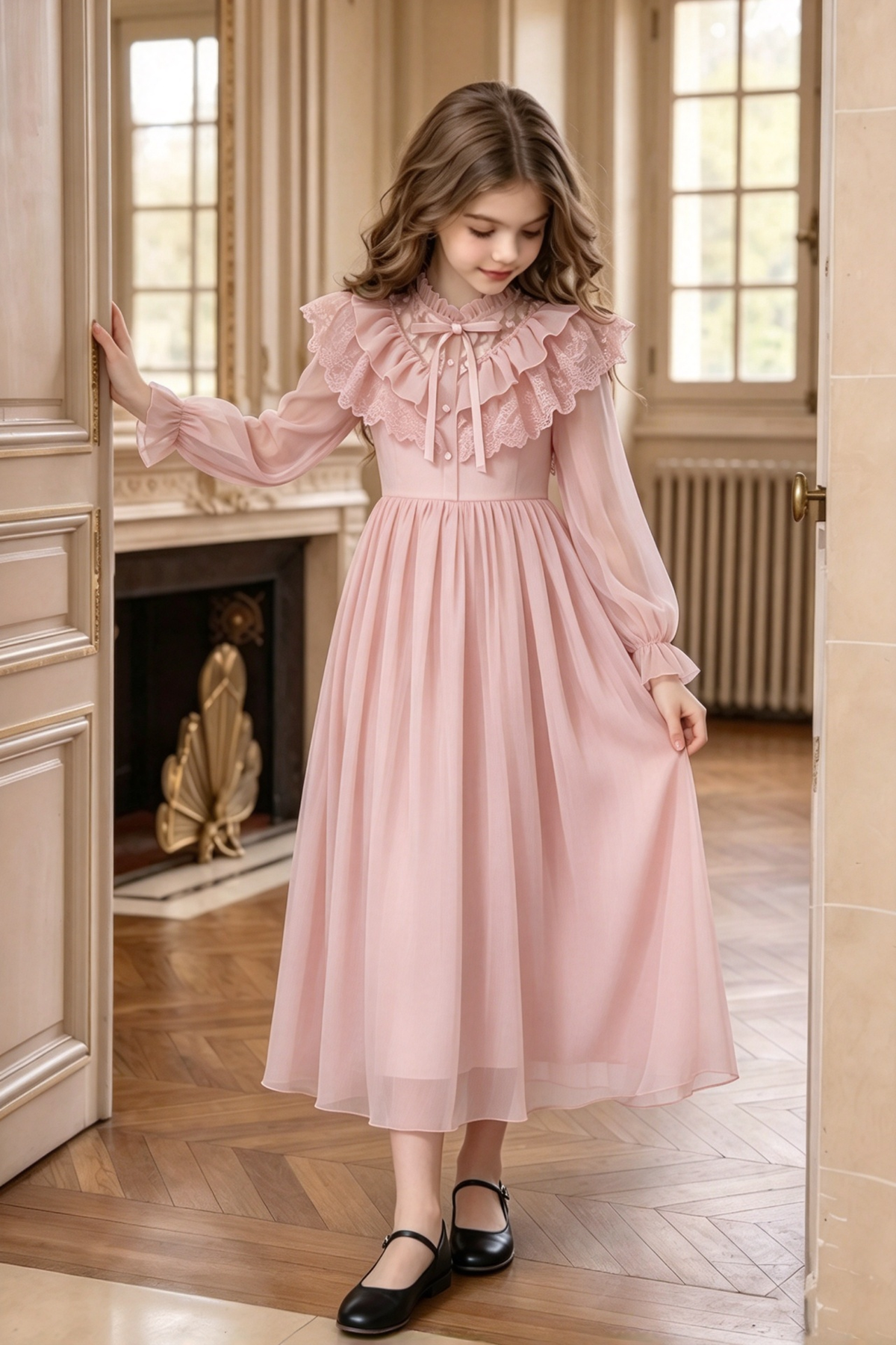 Pink Chiffon Long Sleeve Lace Ruffle Bow Princess A-Line Dress