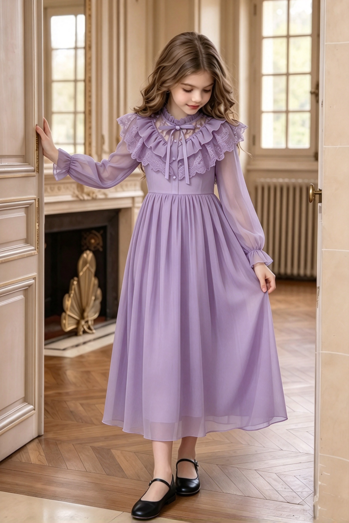 Pink Chiffon Long Sleeve Lace Ruffle Bow Princess A-Line Dress