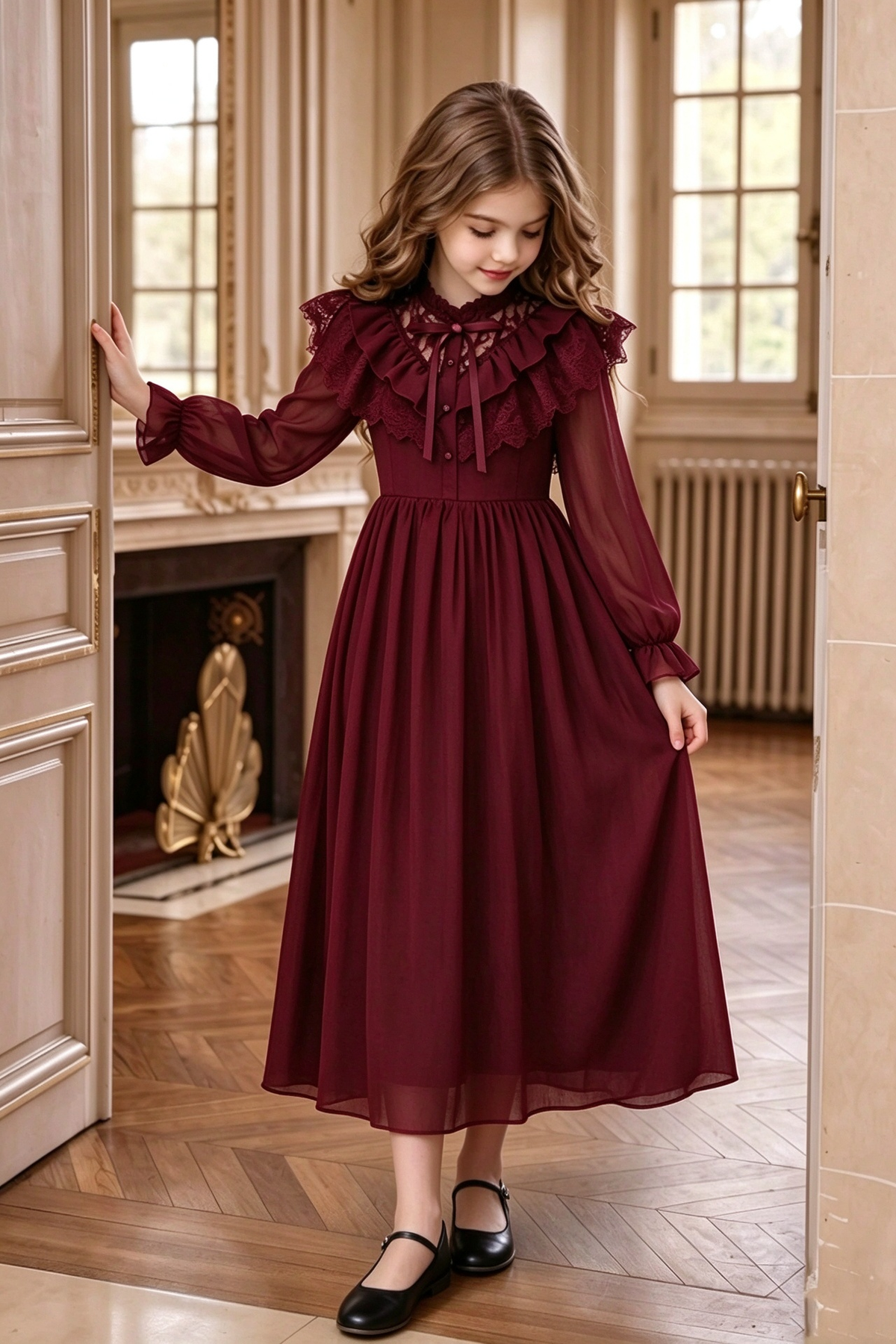 Pink Chiffon Long Sleeve Lace Ruffle Bow Princess A-Line Dress