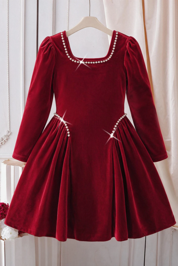 Red Velvet Long Sleeve Square Neck Pearl A-Line Dress