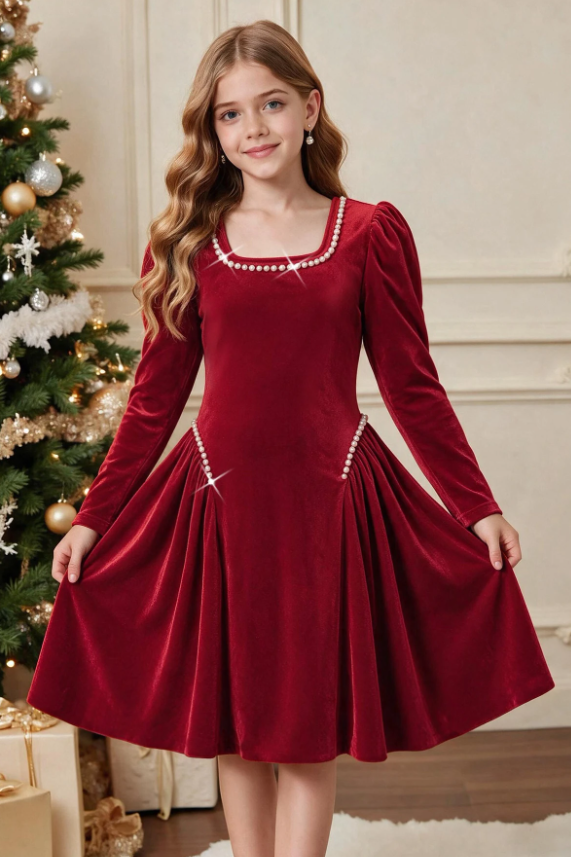 Red Velvet Long Sleeve Square Neck Pearl A-Line Dress