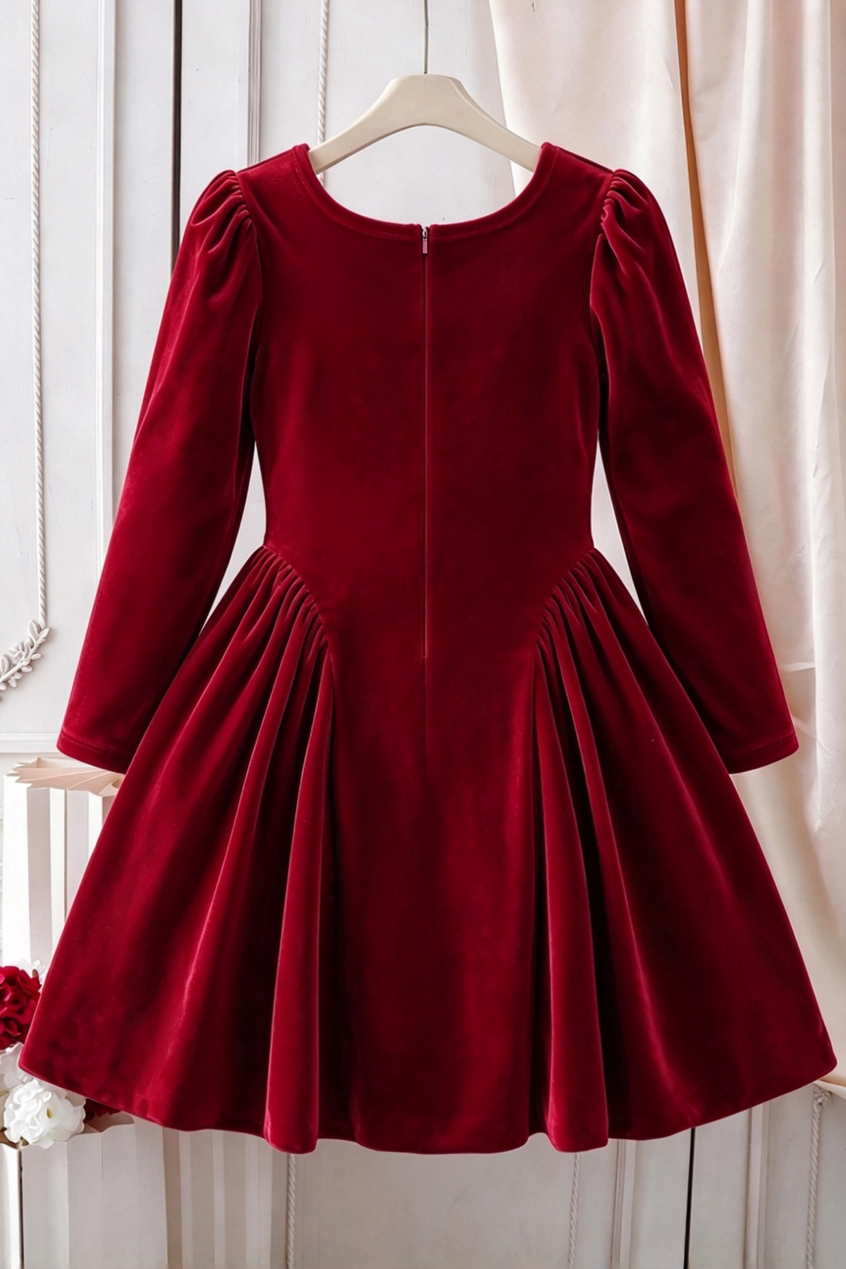 Red Velvet Long Sleeve Square Neck Pearl A-Line Dress
