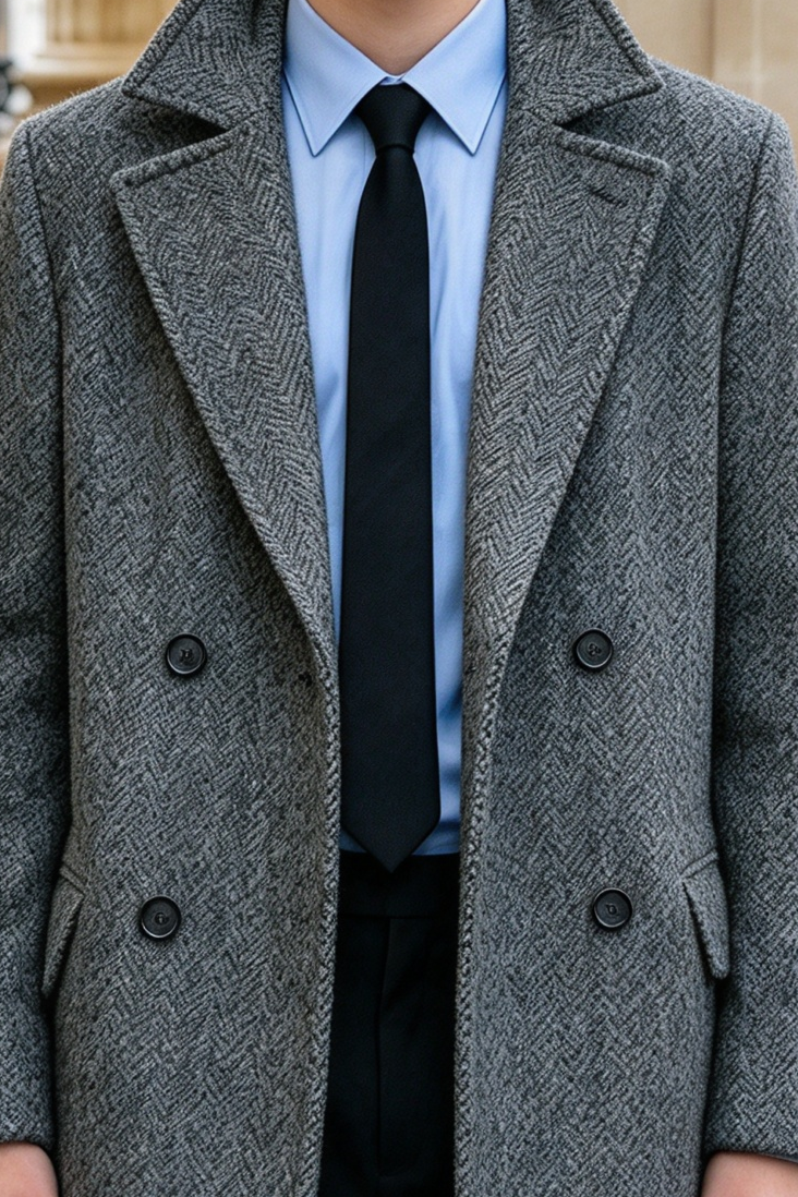 Grey & Black Herringbone Double Breasted Overcoat 2-Piece Suit Set