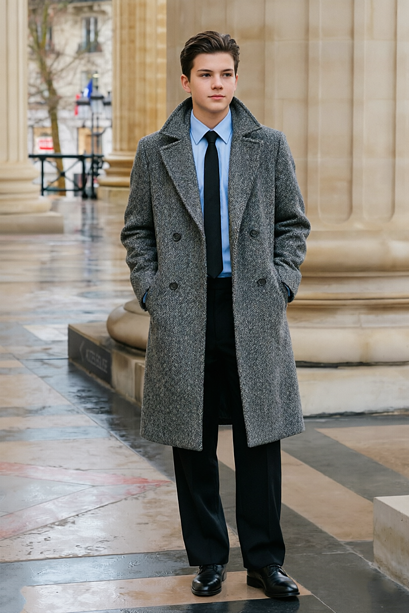 Grey & Black Herringbone Double Breasted Overcoat 2-Piece Suit Set