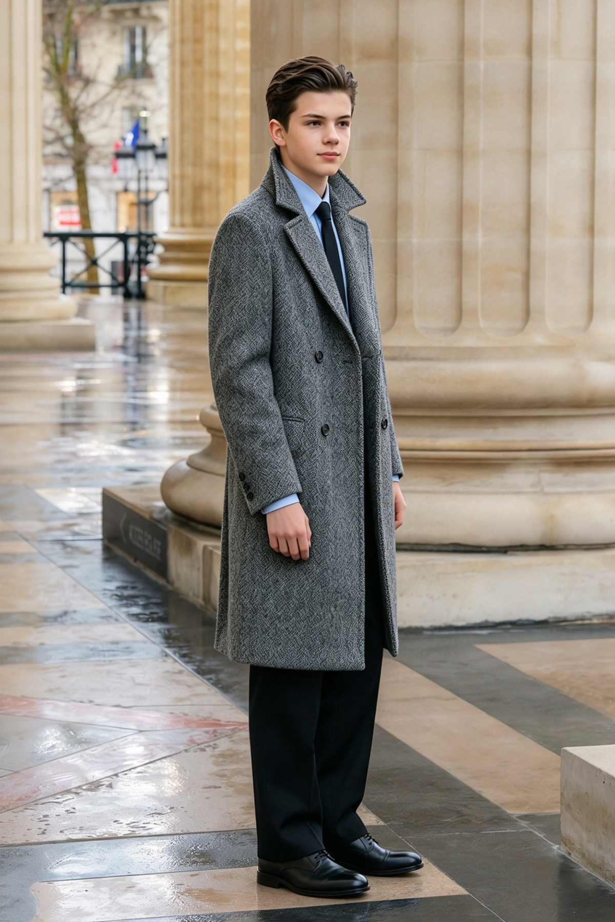 Grey & Black Herringbone Double Breasted Overcoat 2-Piece Suit Set