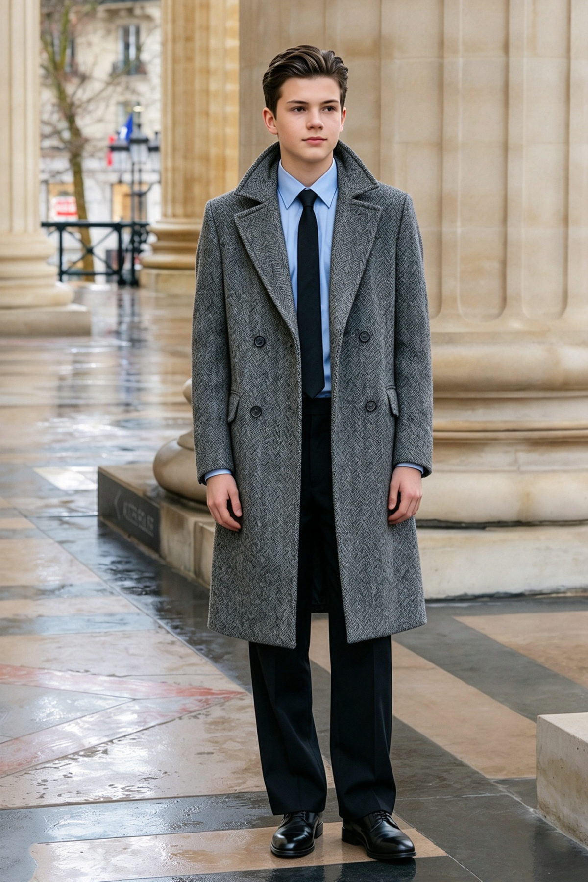 Grey & Black Herringbone Double Breasted Overcoat 2-Piece Suit Set