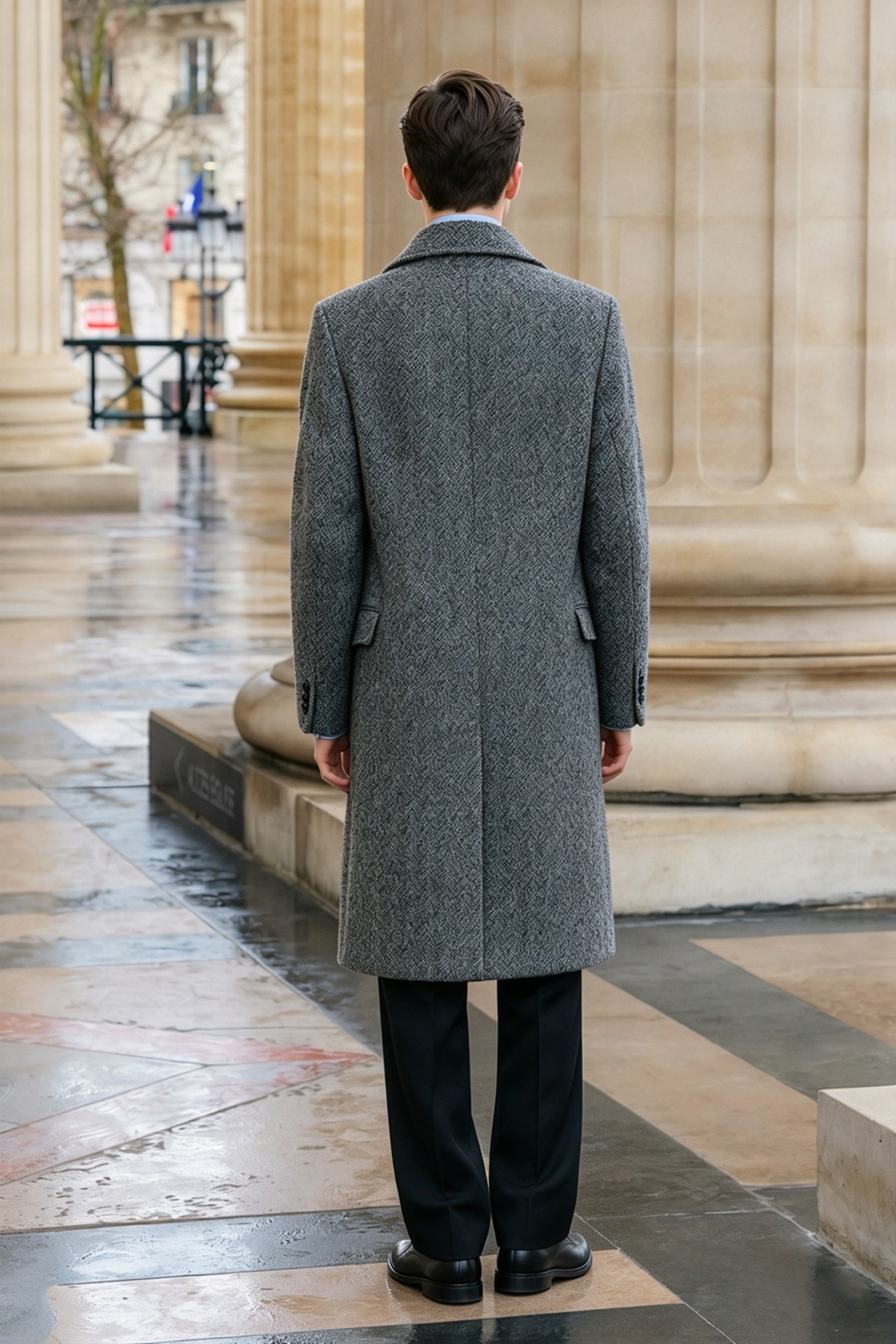 Grey & Black Herringbone Double Breasted Overcoat 2-Piece Suit Set