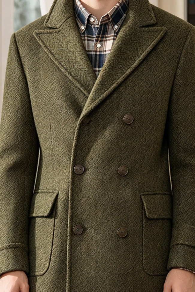 Olive Green & Beige Herringbone Double Breasted Overcoat 2-Piece Set