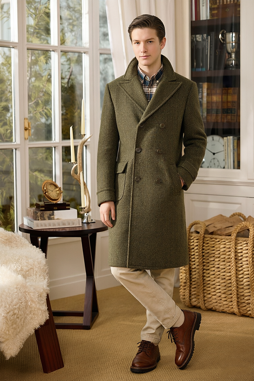 Olive Green & Beige Herringbone Double Breasted Overcoat 2-Piece Set