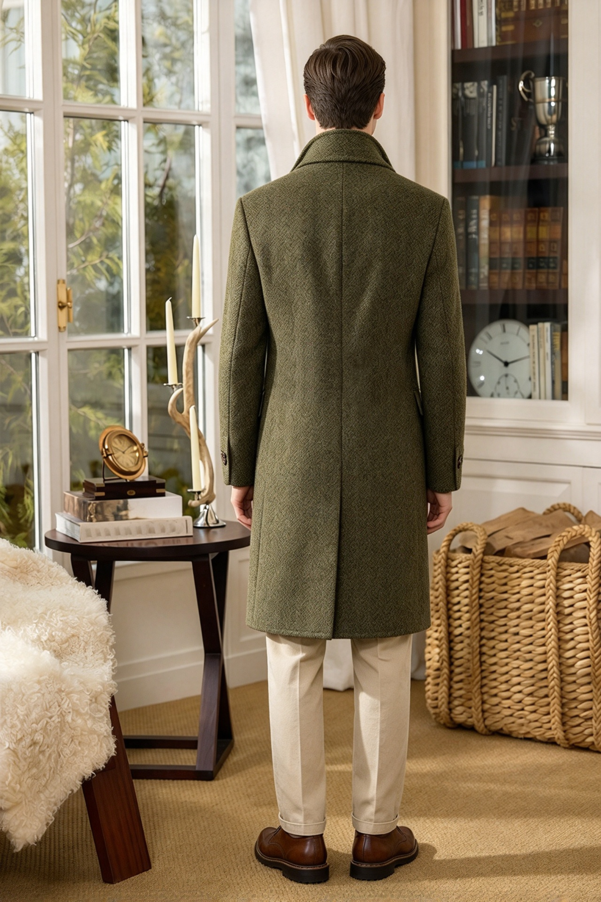 Olive Green & Beige Herringbone Double Breasted Overcoat 2-Piece Set