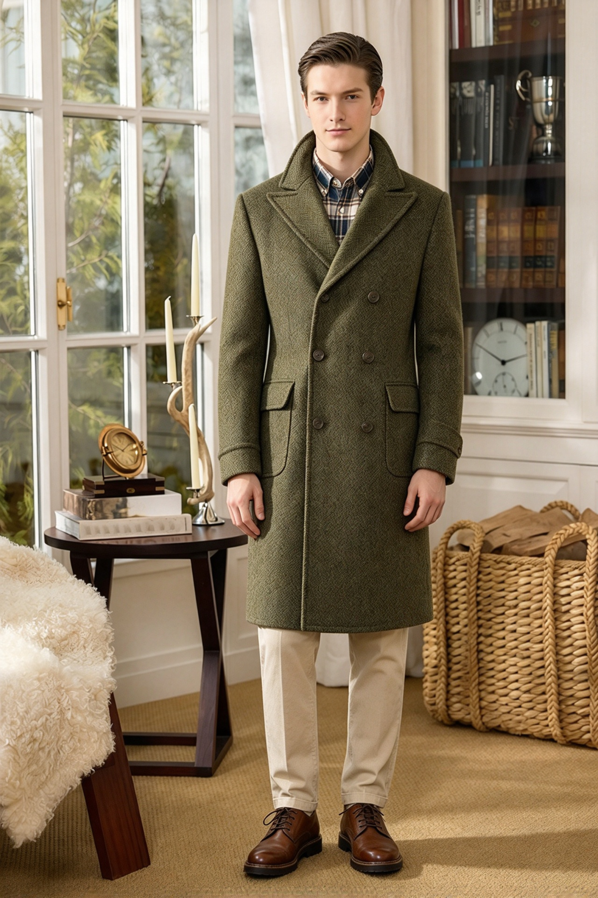 Olive Green & Beige Herringbone Double Breasted Overcoat 2-Piece Set