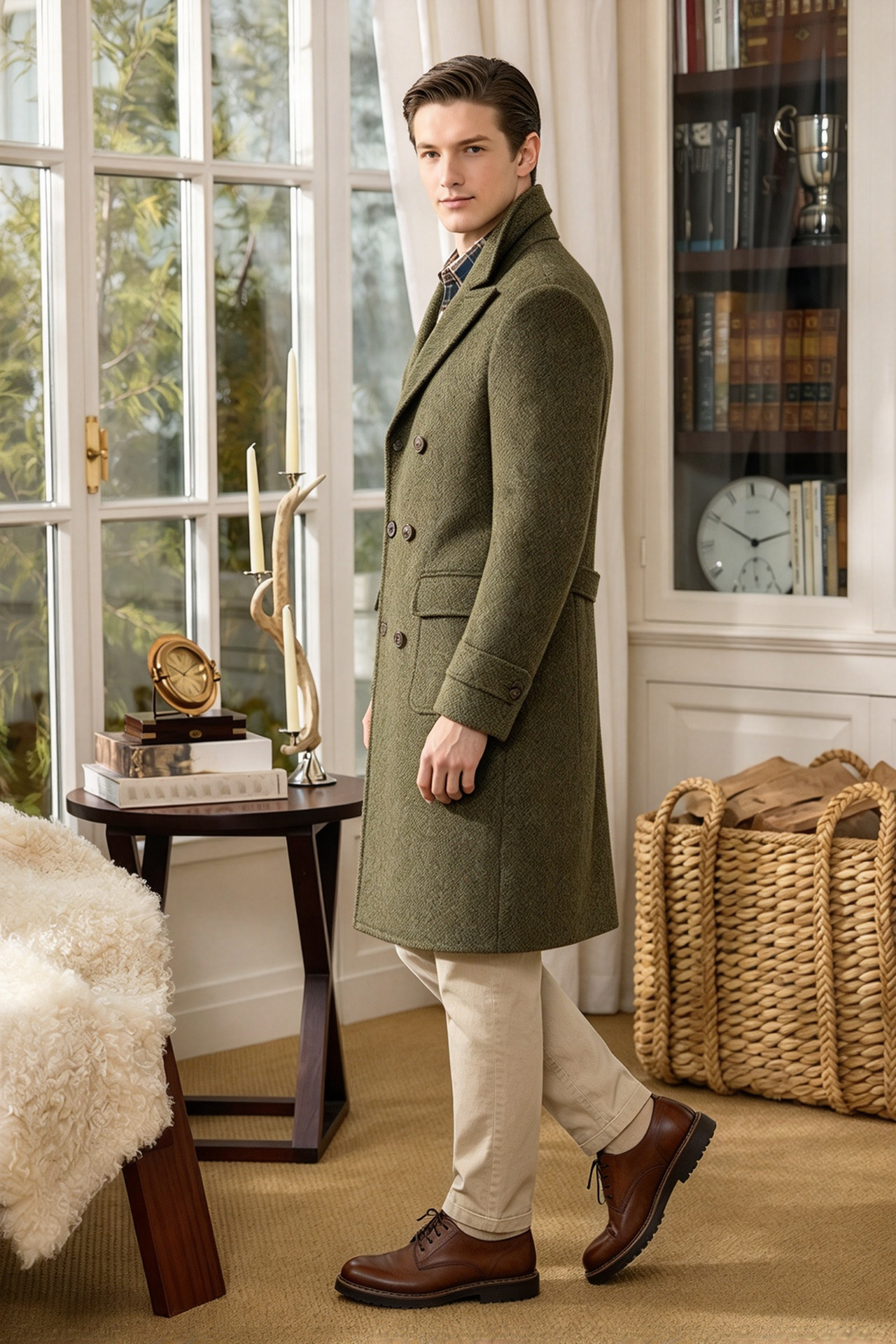 Olive Green & Beige Herringbone Double Breasted Overcoat 2-Piece Set