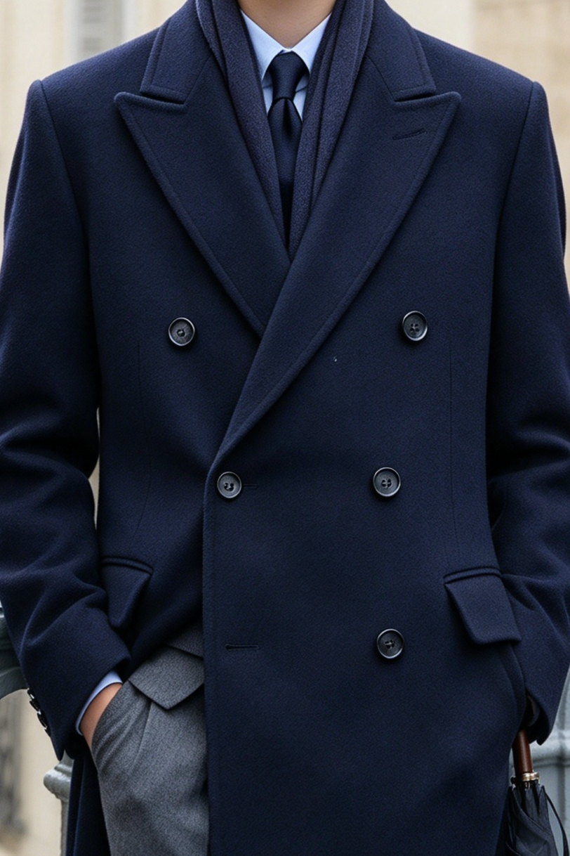 Navy & Grey Double Breasted Overcoat 2-Piece Suit Set