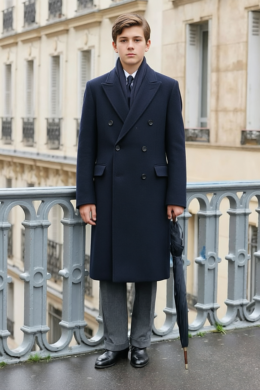 Navy & Grey Double Breasted Overcoat 2-Piece Suit Set