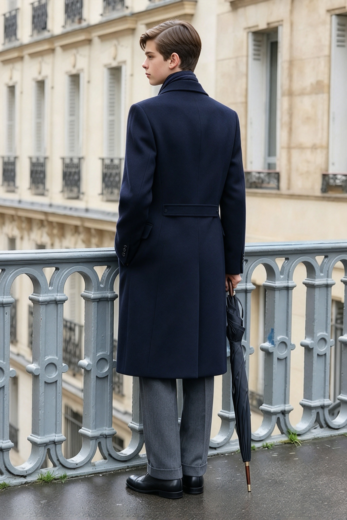 Navy & Grey Double Breasted Overcoat 2-Piece Suit Set