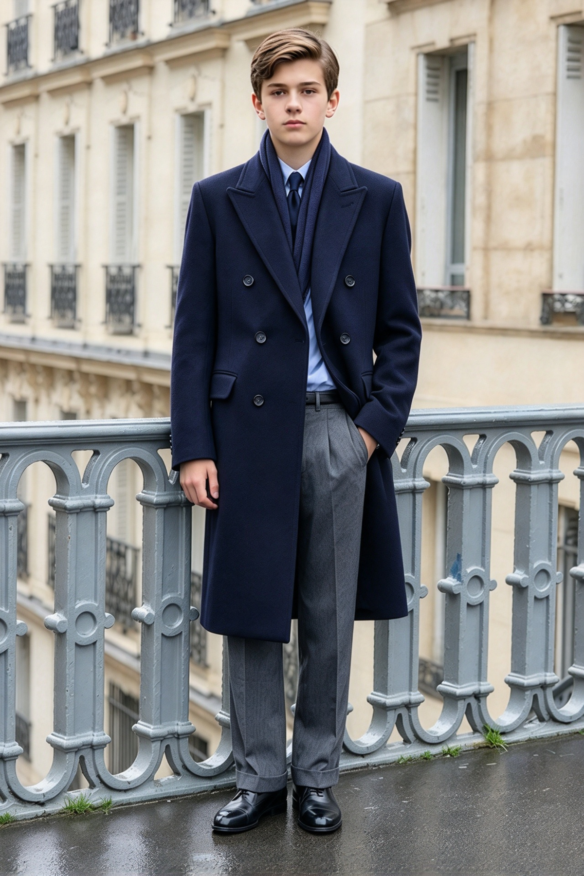 Navy & Grey Double Breasted Overcoat 2-Piece Suit Set