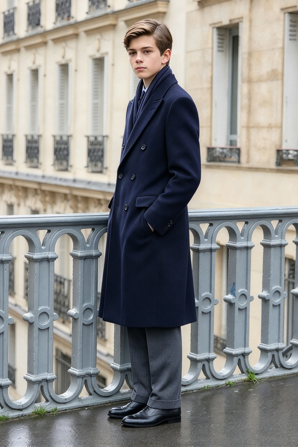 Navy & Grey Double Breasted Overcoat 2-Piece Suit Set