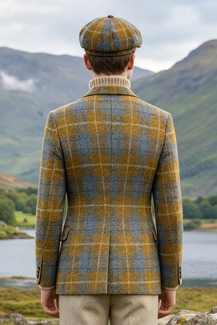 Yellow & Green Plaid Single Breasted Thick Tweed Blazer