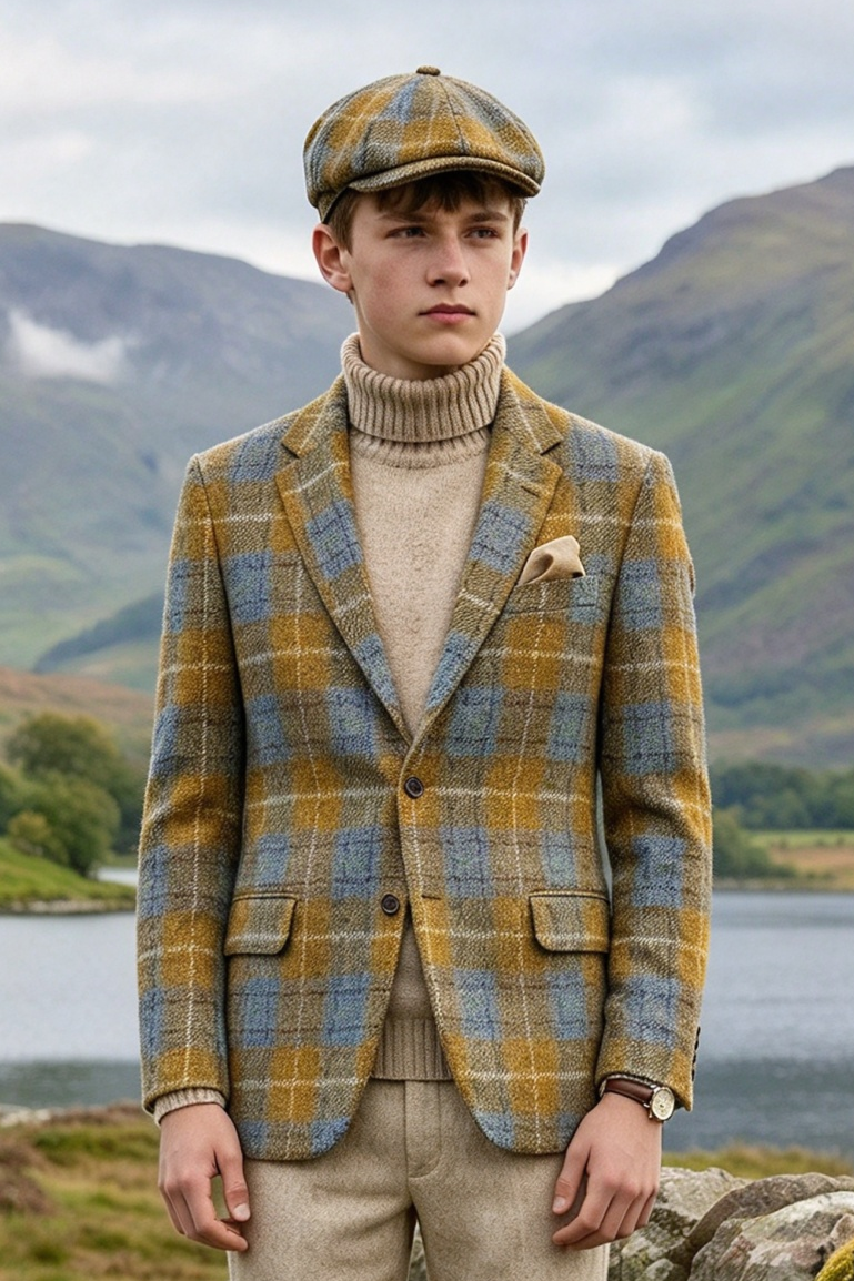 Yellow & Green Plaid Single Breasted Thick Tweed Blazer
