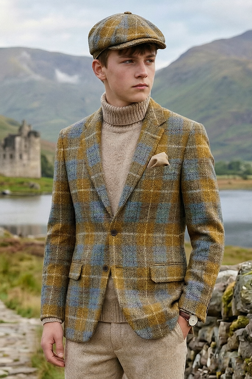 Yellow & Green Plaid Single Breasted Thick Tweed Blazer