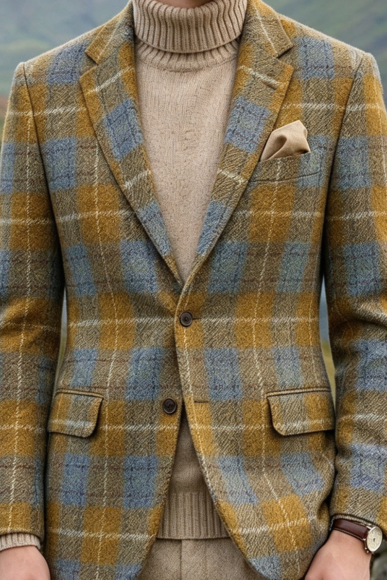 Yellow & Green Plaid Single Breasted Thick Tweed Blazer