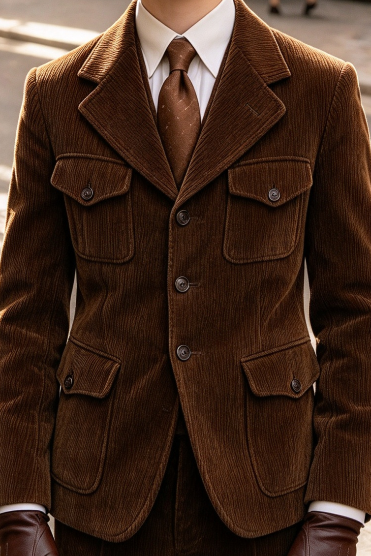 Dark Brown Corduroy Single Breasted 2-Piece Suit Set