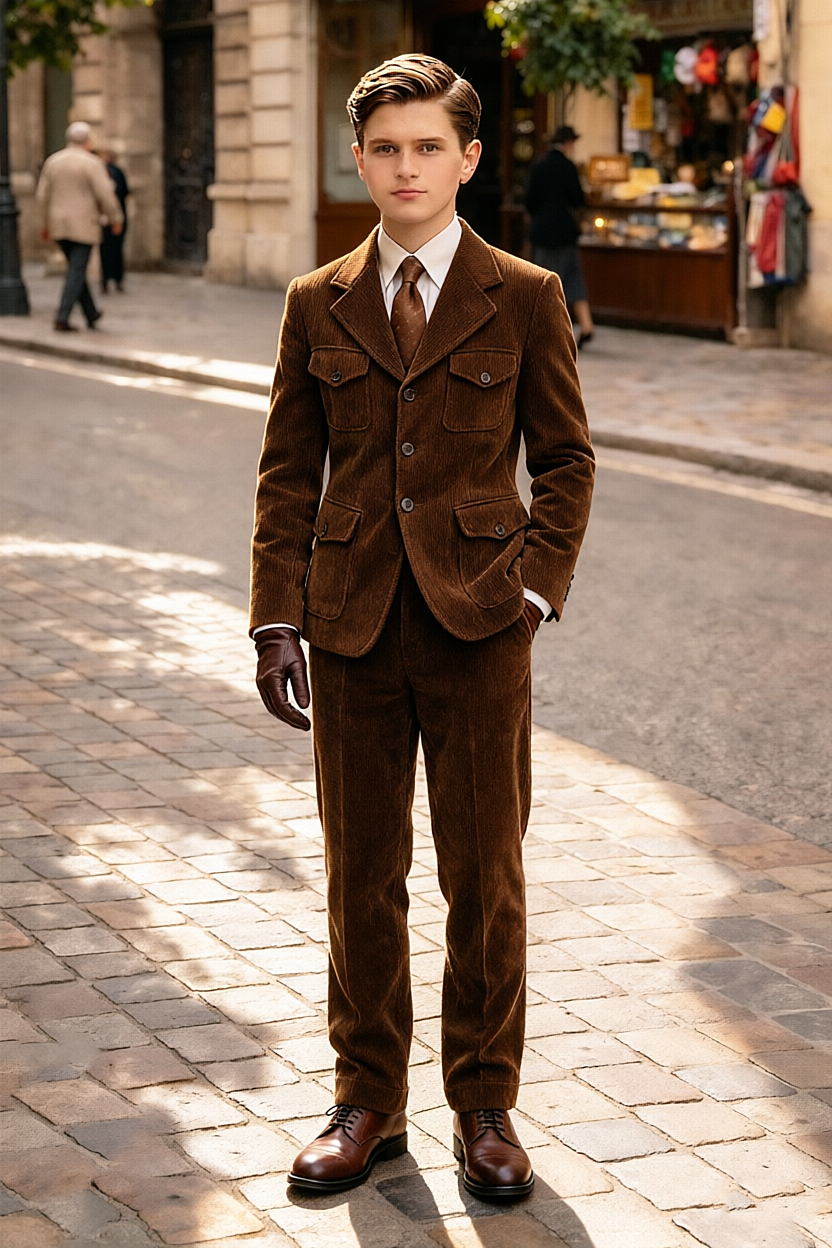 Dark Brown Corduroy Single Breasted 2-Piece Suit Set