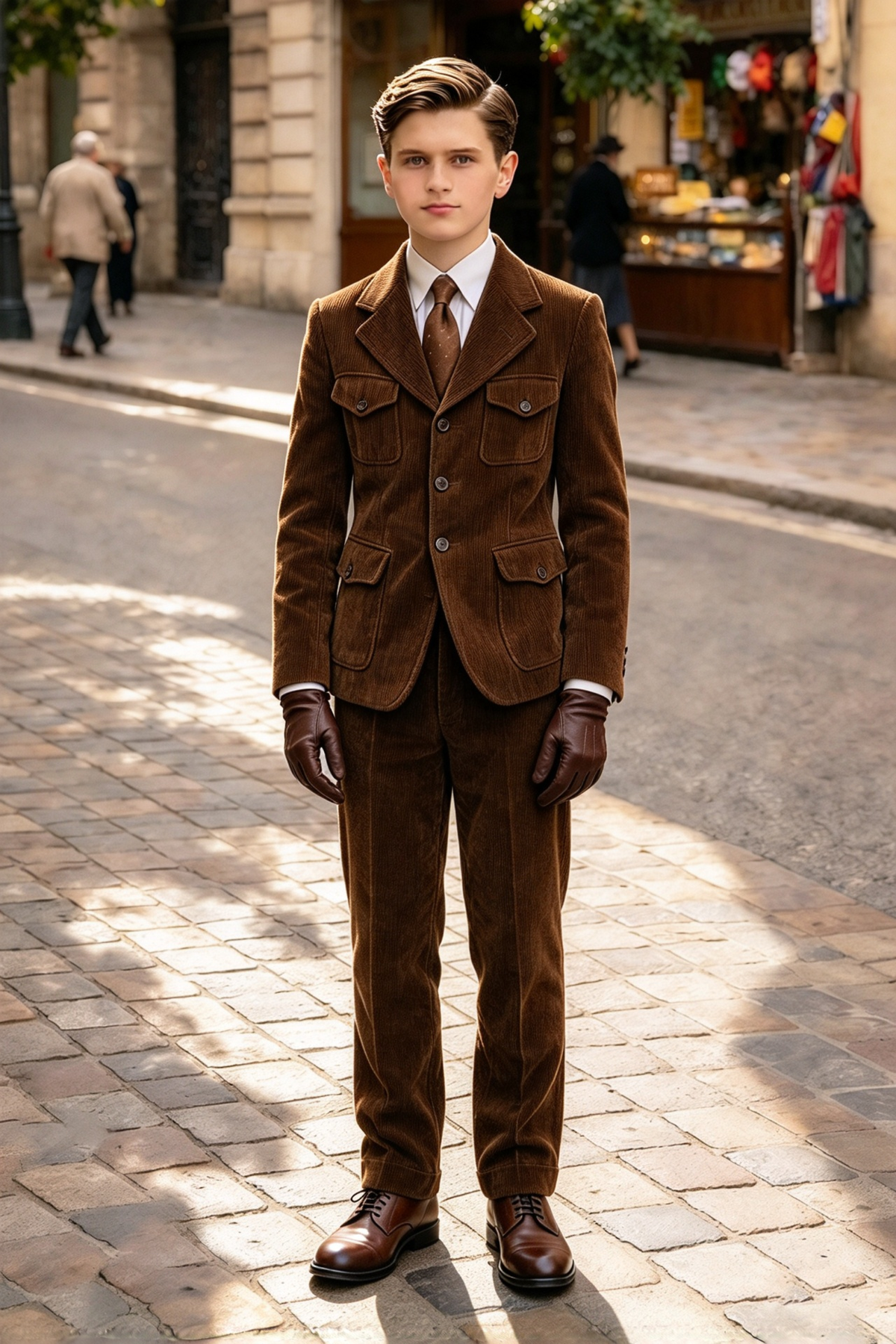 Dark Brown Corduroy Single Breasted 2-Piece Suit Set