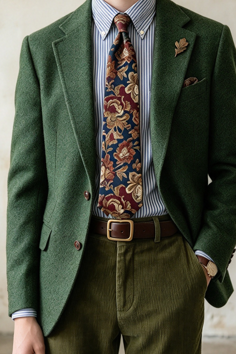 Green Herringbone Blazer & Olive Corduroy Trousers 2-Piece Suit Set