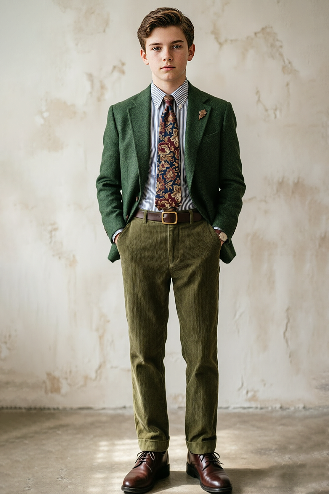 Green Herringbone Blazer & Olive Corduroy Trousers 2-Piece Suit Set