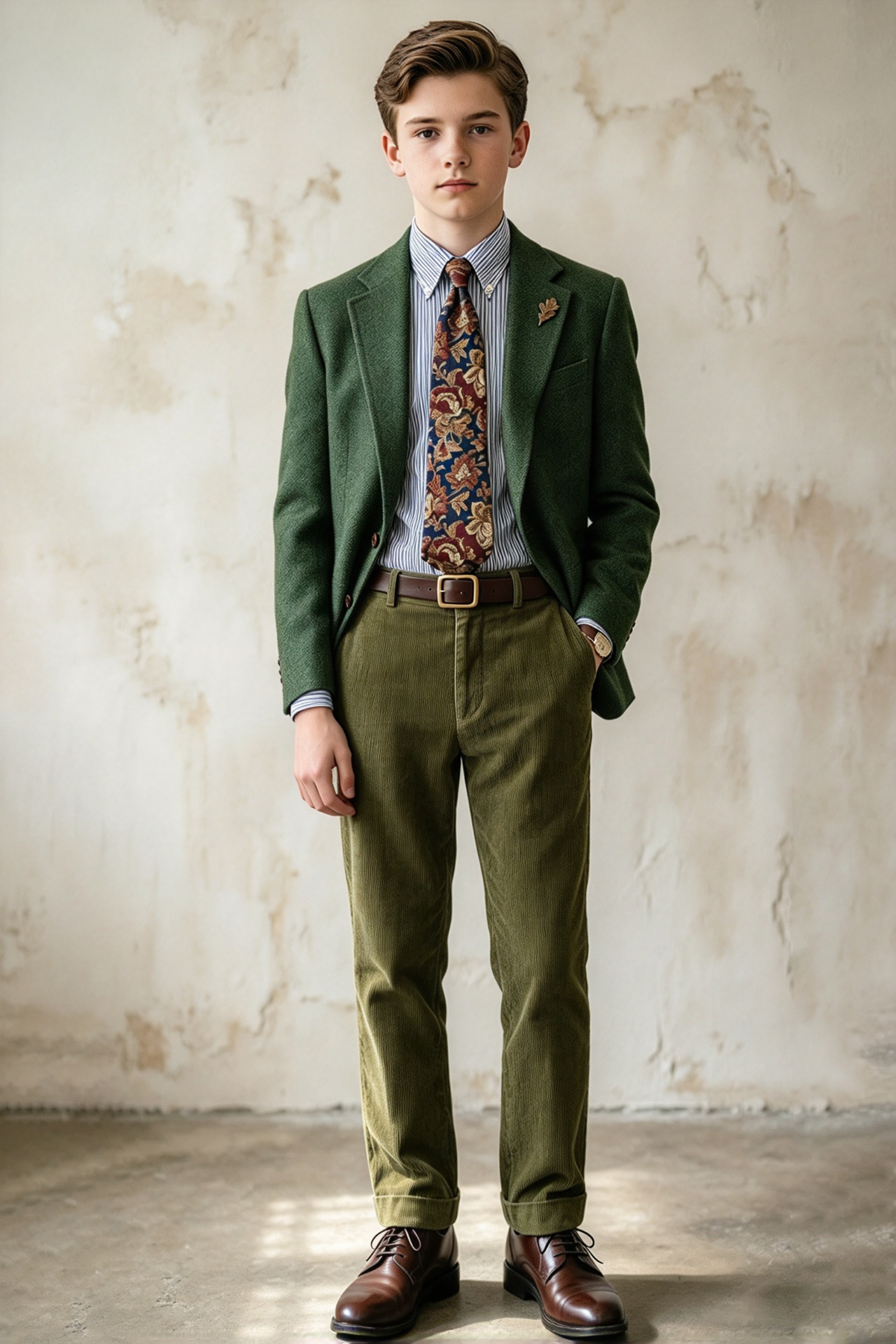 Green Herringbone Blazer & Olive Corduroy Trousers 2-Piece Suit Set