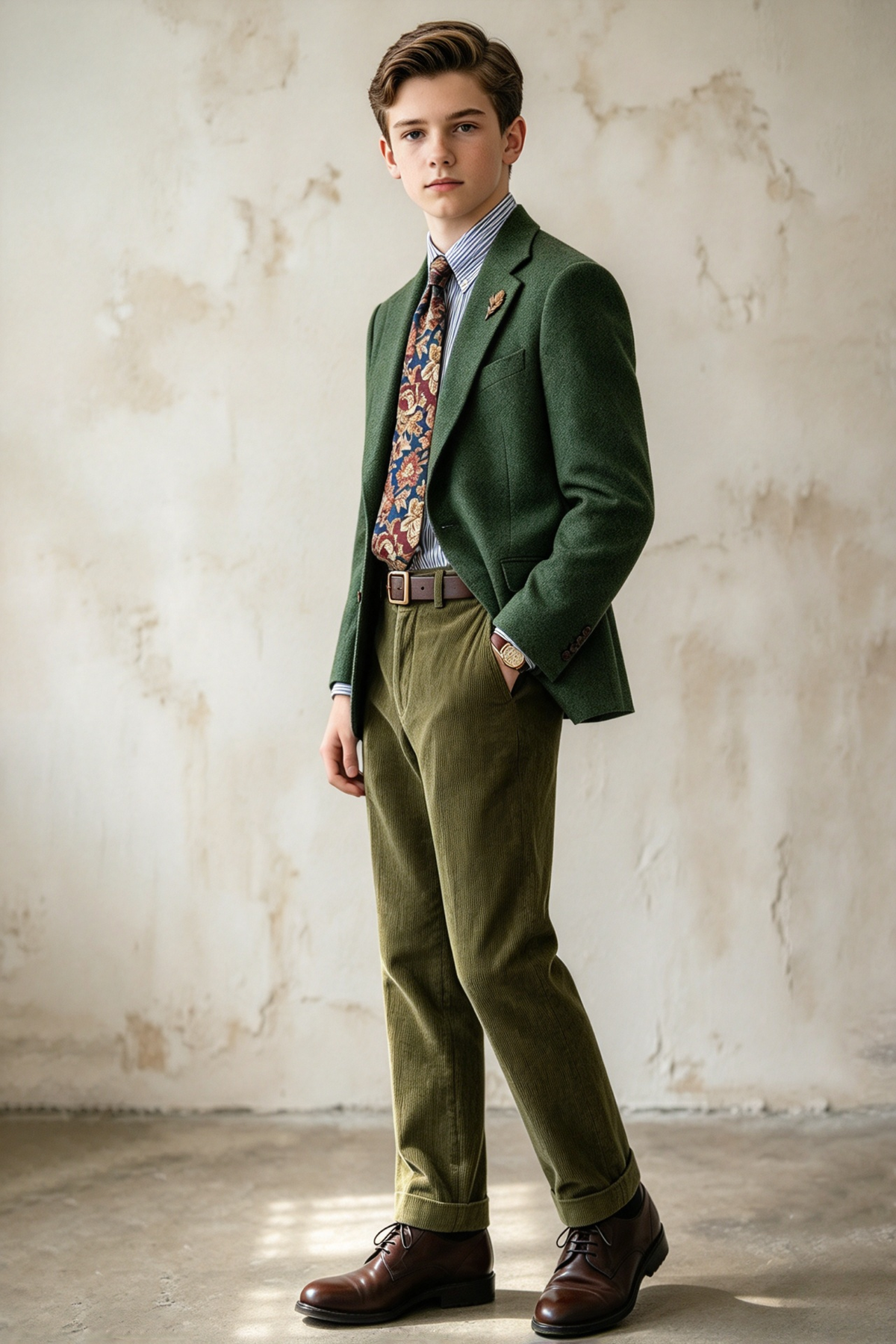 Green Herringbone Blazer & Olive Corduroy Trousers 2-Piece Suit Set