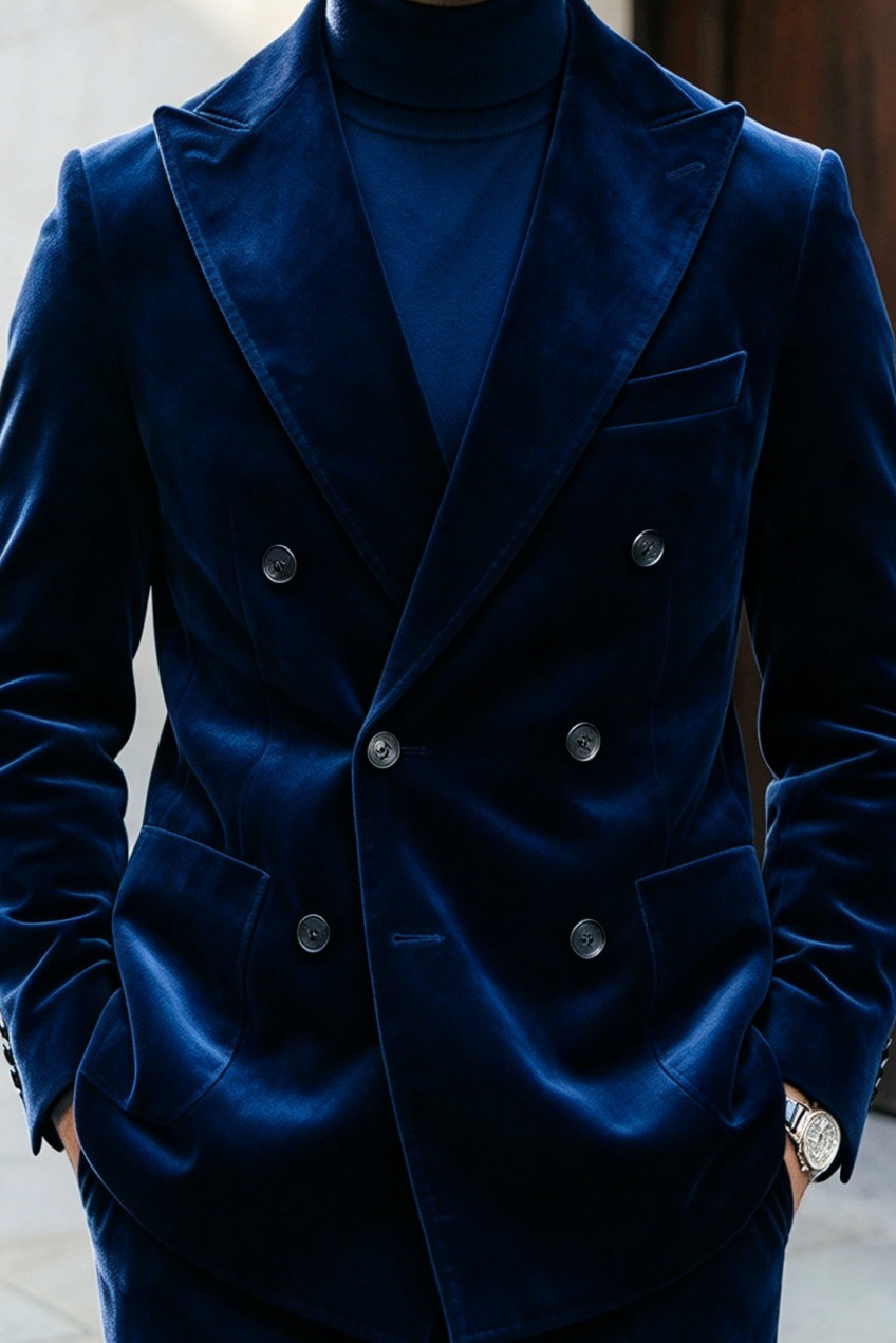 Navy Velvet Double Breasted Suit 2-Piece Set