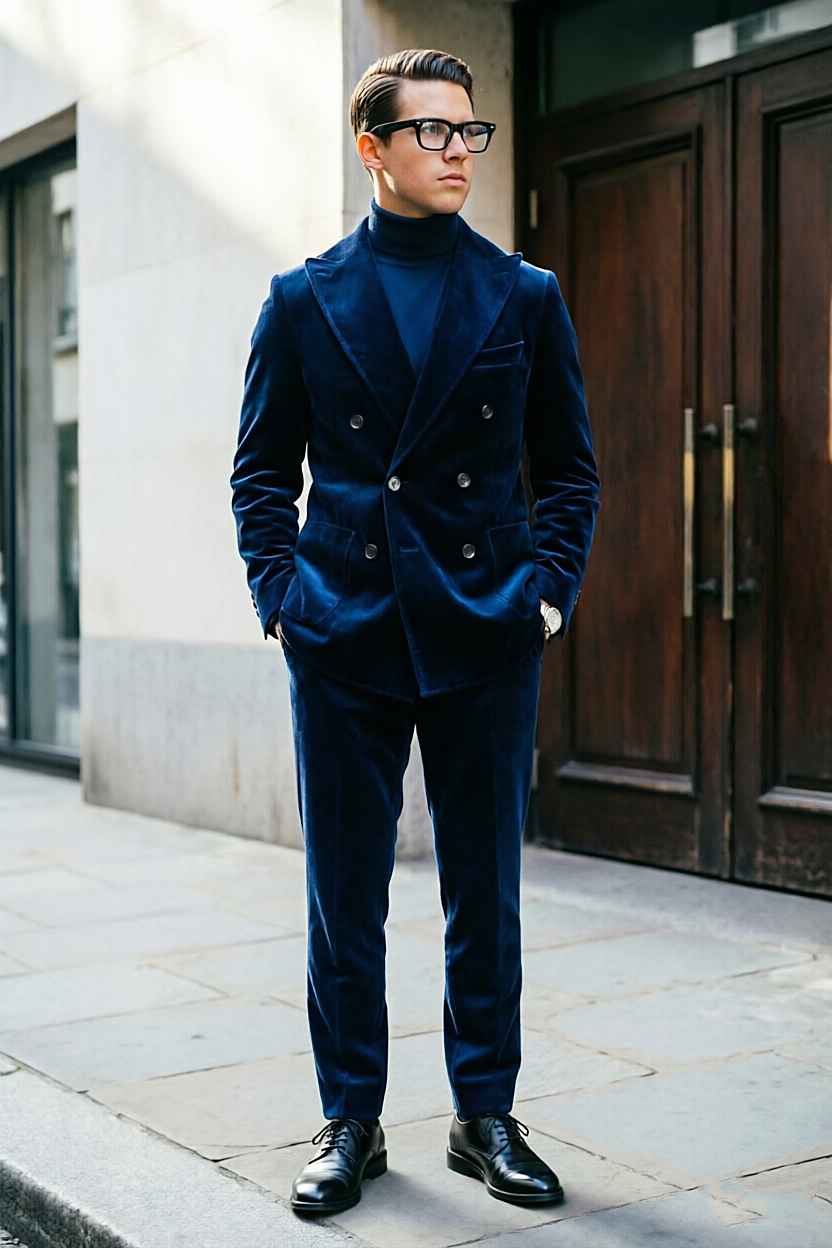 Navy Velvet Double Breasted Suit 2-Piece Set
