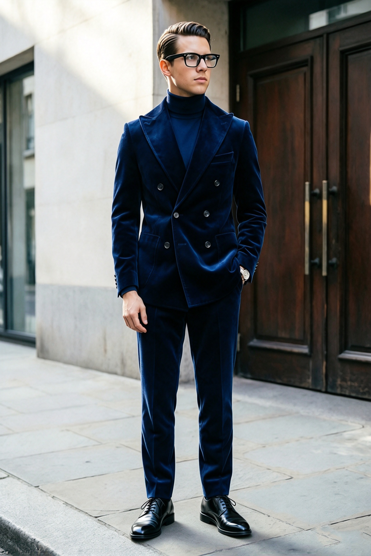 Navy Velvet Double Breasted Suit 2-Piece Set