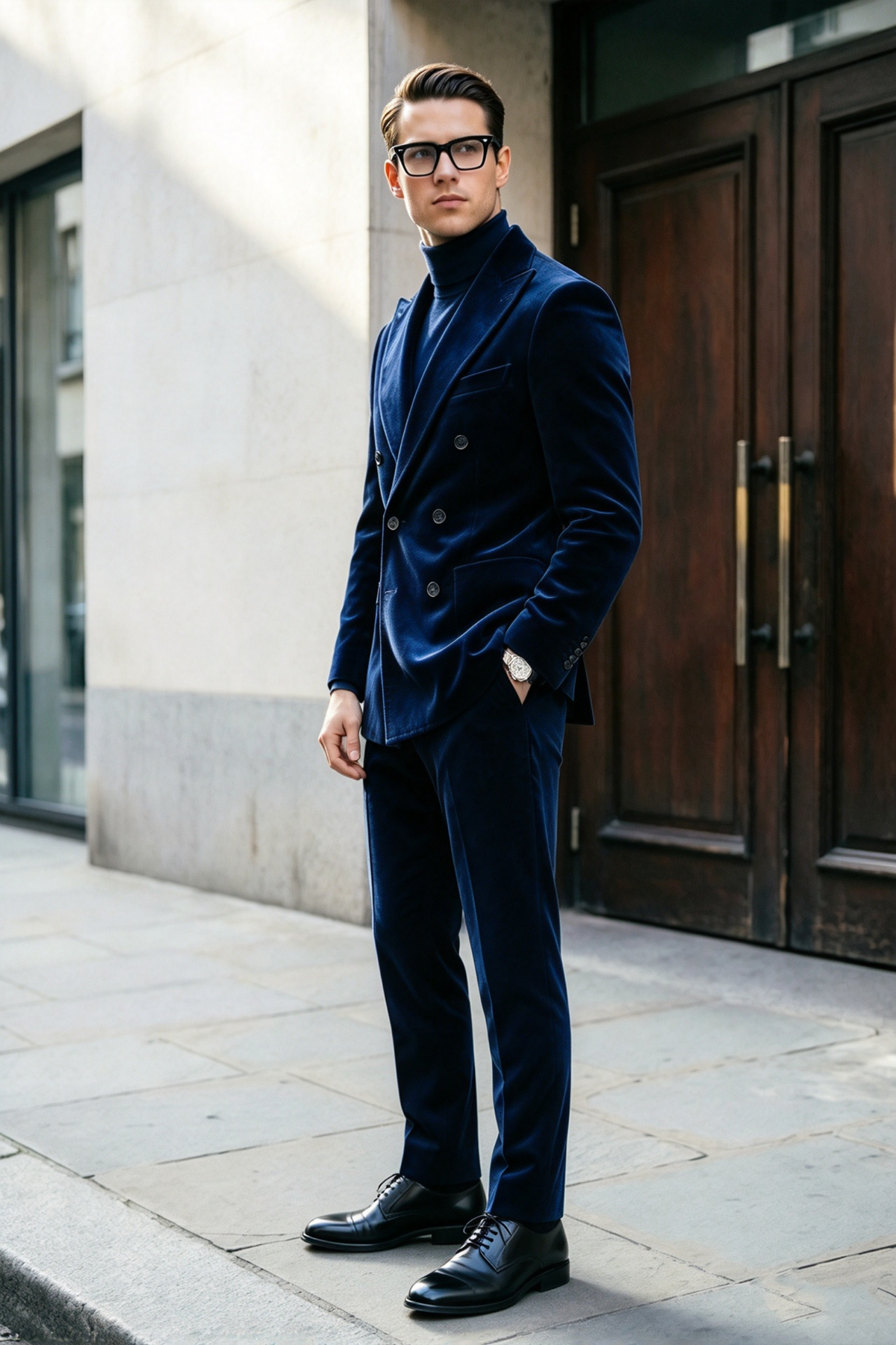 Navy Velvet Double Breasted Suit 2-Piece Set