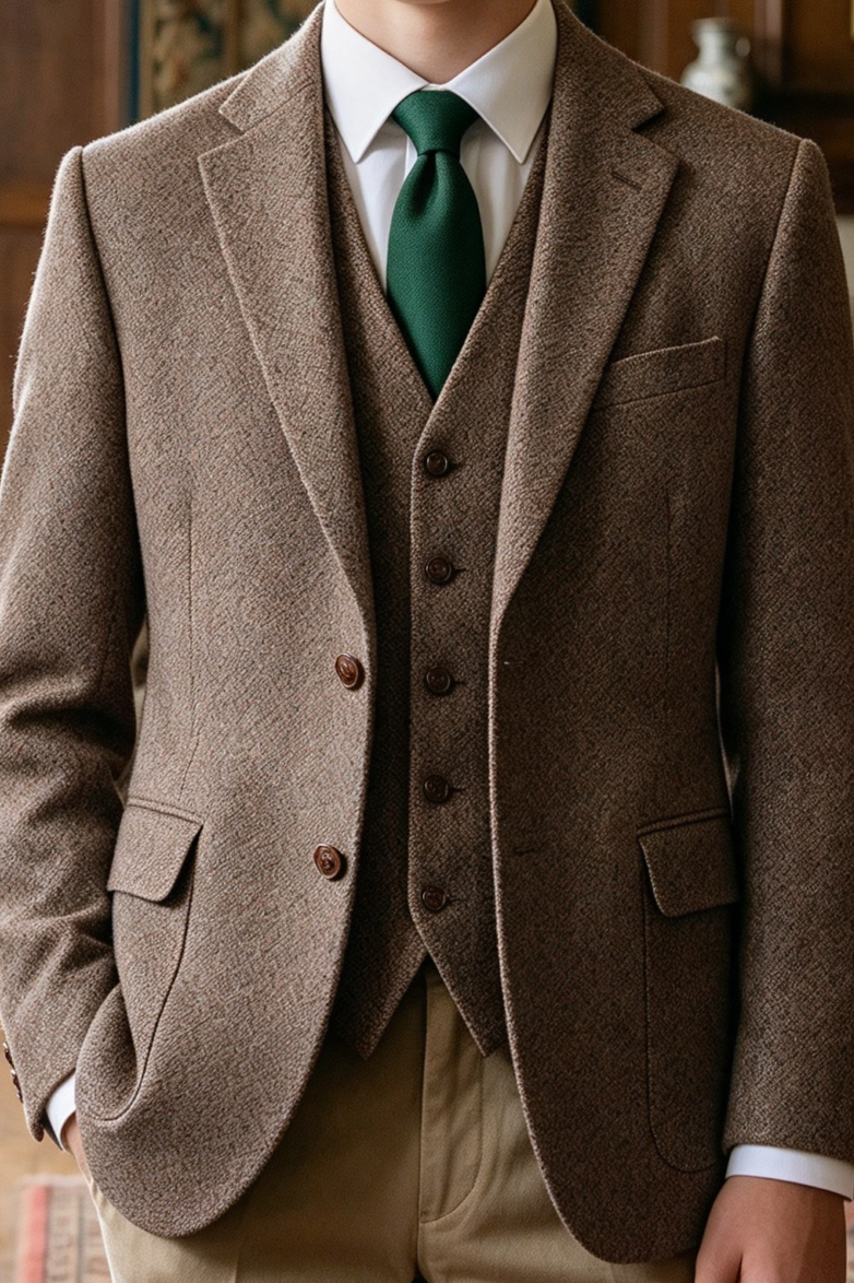 Light Brown & Khaki Herringbone Single Breasted 3-Piece Suit