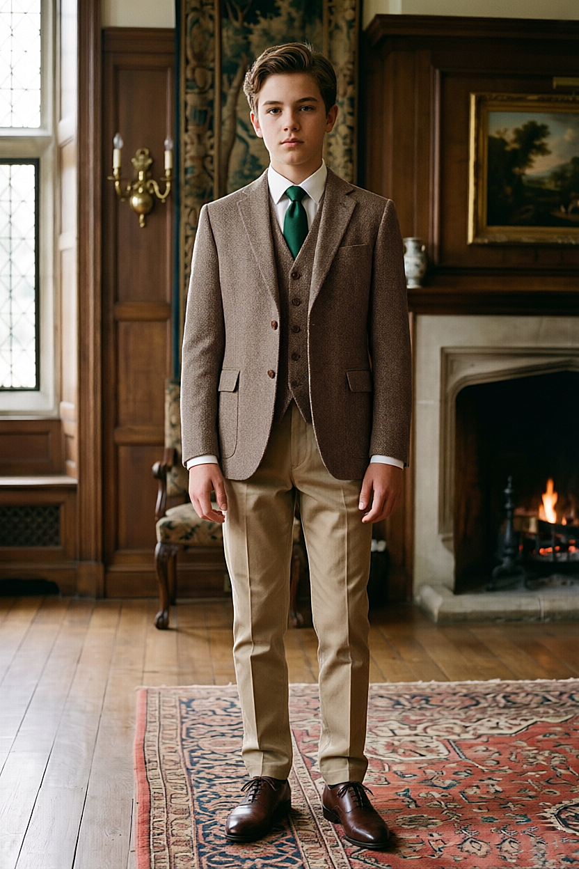 Light Brown & Khaki Herringbone Single Breasted 3-Piece Suit