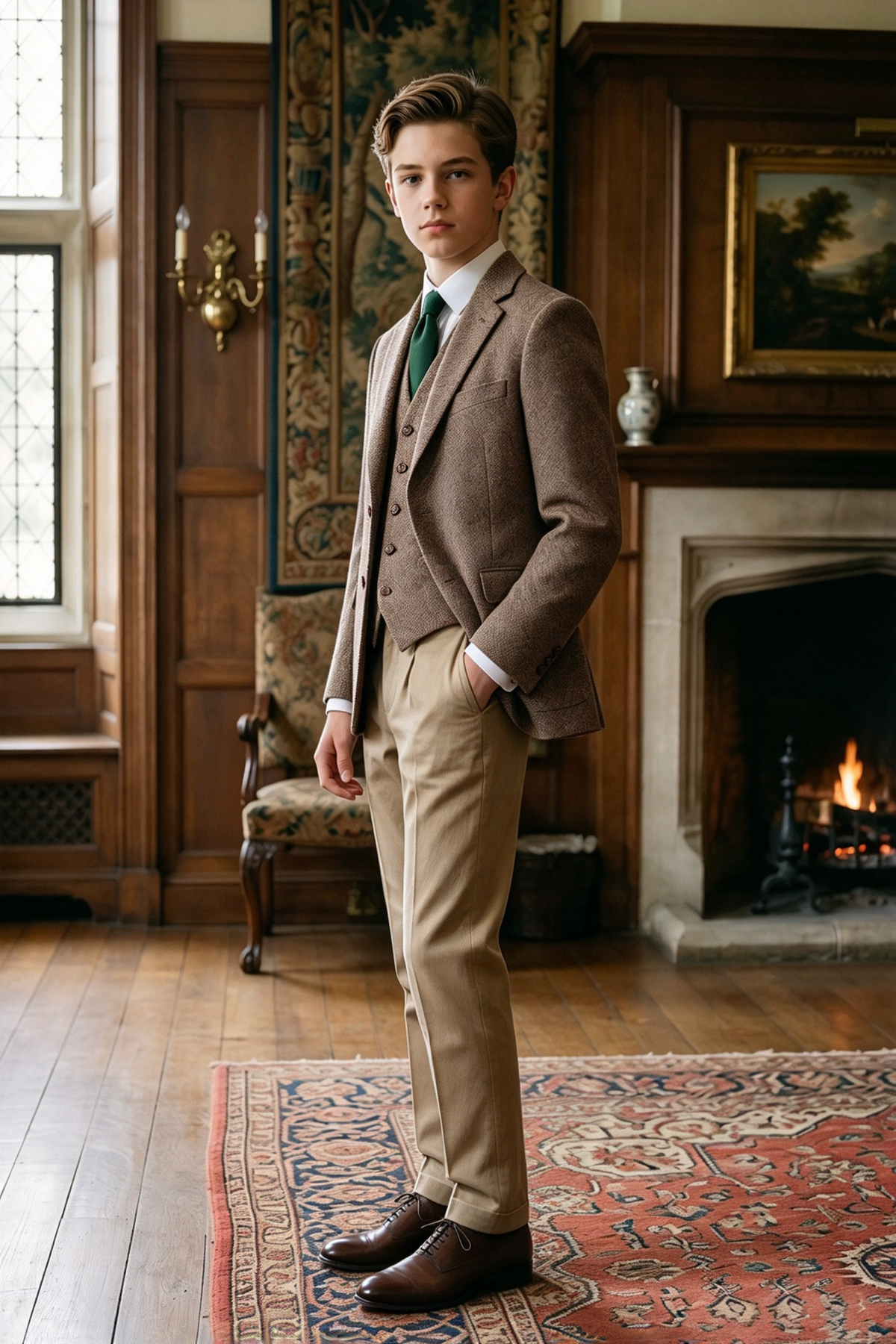 Light Brown & Khaki Herringbone Single Breasted 3-Piece Suit