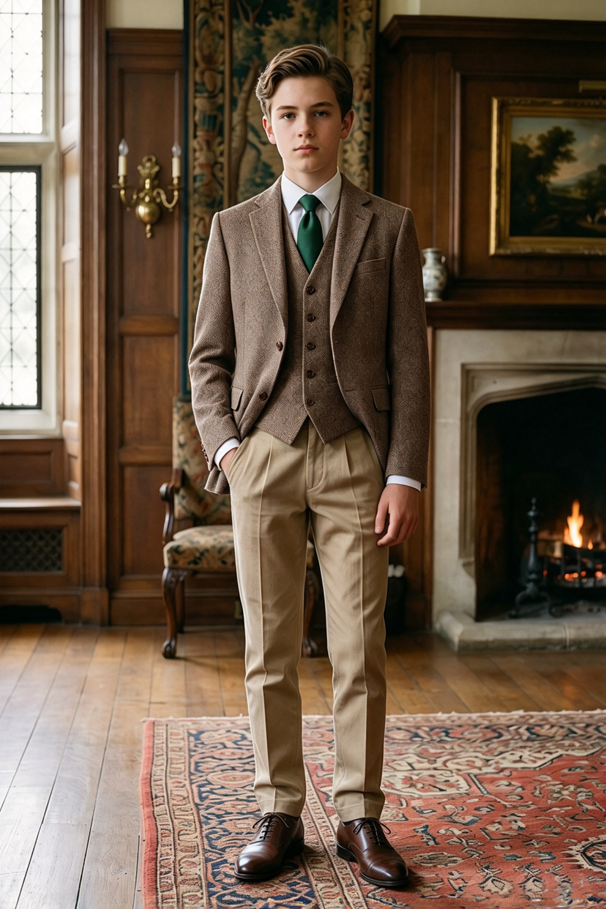 Light Brown & Khaki Herringbone Single Breasted 3-Piece Suit