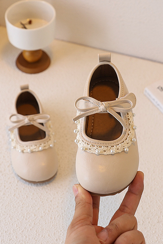 Brown Faux Leather Lace Pearl Decor Soft Sole Mary Jane Shoes