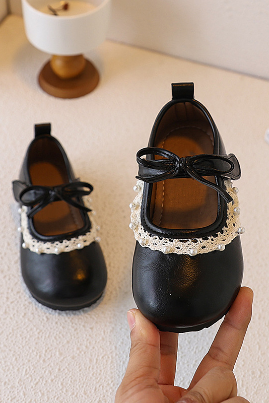 Brown Faux Leather Lace Pearl Decor Soft Sole Mary Jane Shoes